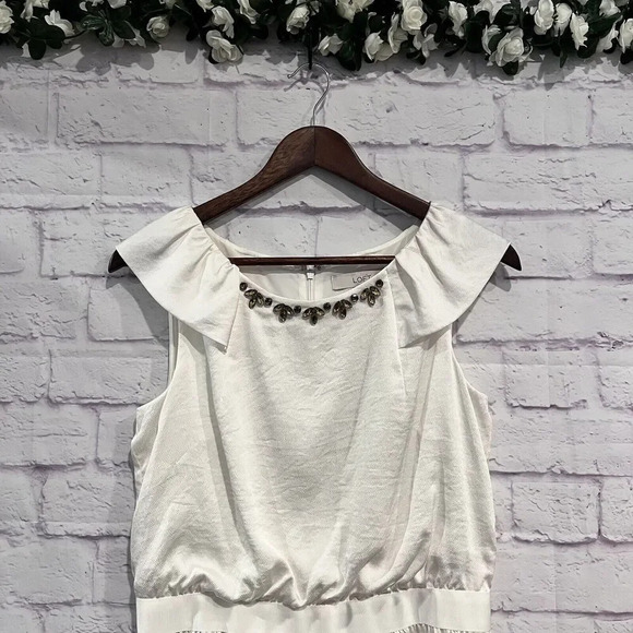 LOFT Size 6 Ivory Jewel Collar Embellishment Neck Flutter Sleeve Party Dress - Picture 4 of 13
